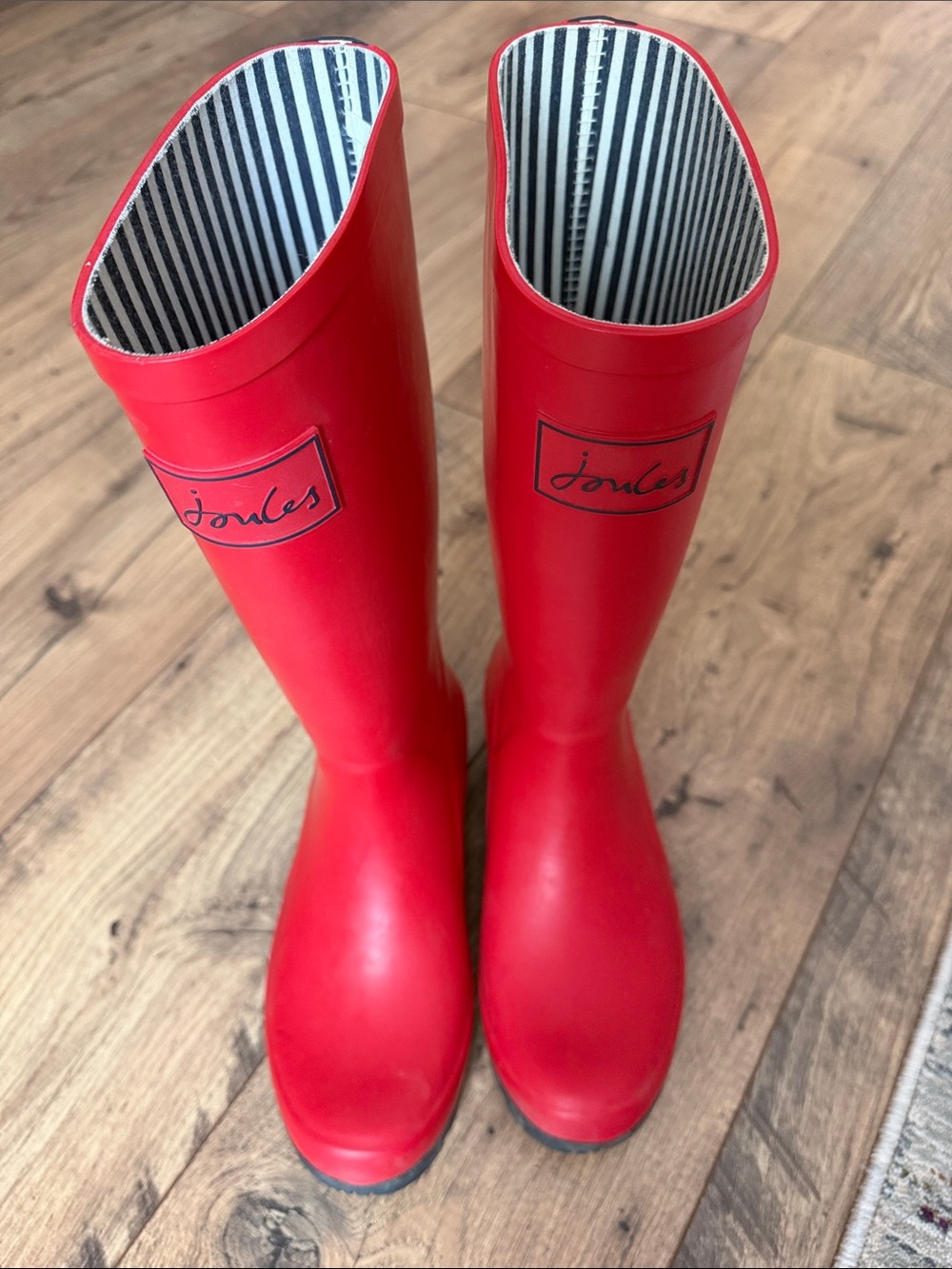 Joules Red Tall Rain Boots US 6 Striped Lining EUC